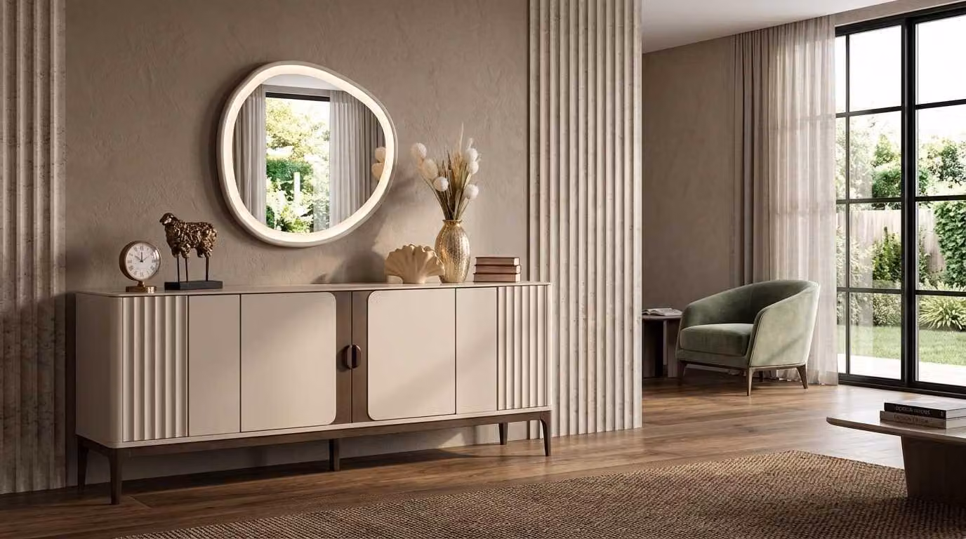 Set per sala da pranzo beige, moderno, con credenza mobiletto e specchio