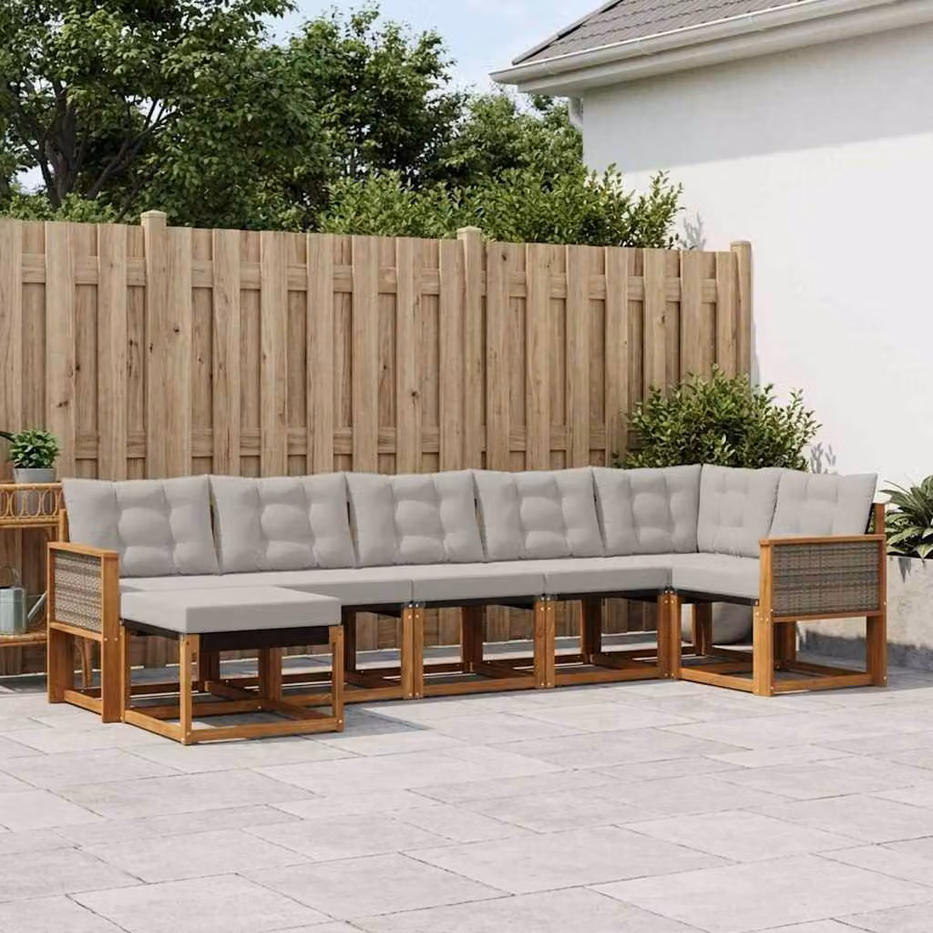 vidaXL Set di divani da esterno a L composto da 7 pezzi in legno di acacia con cuscini, colore marrone e grigio