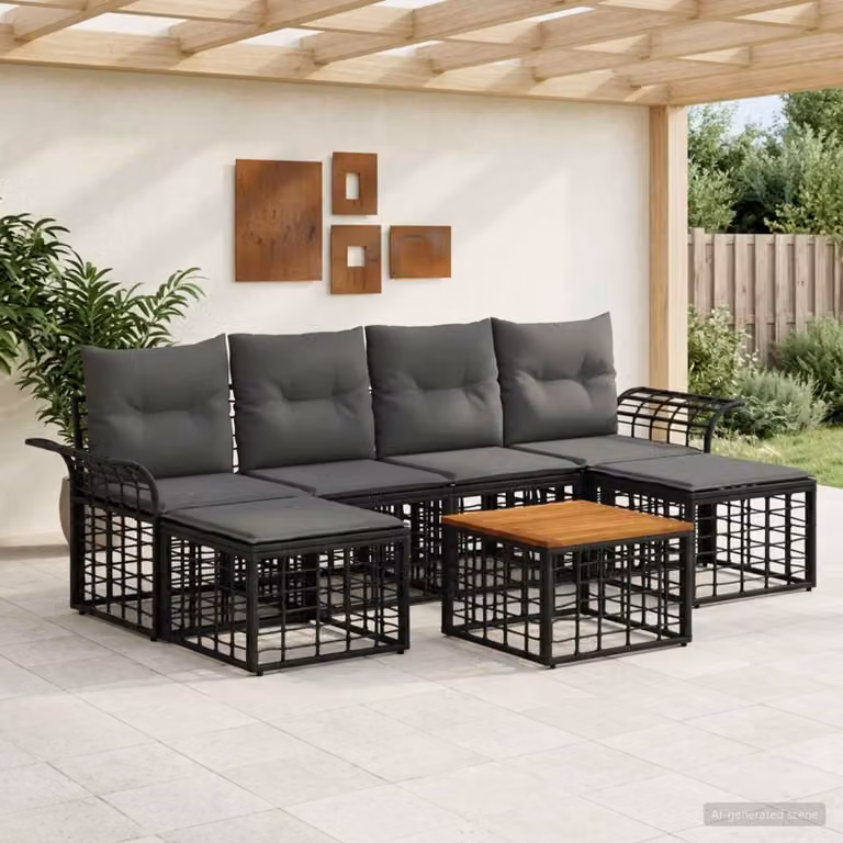 vidaXL Set di divani da esterno 7 pezzi a forma di U con cuscini, Nero e Grigio scuro