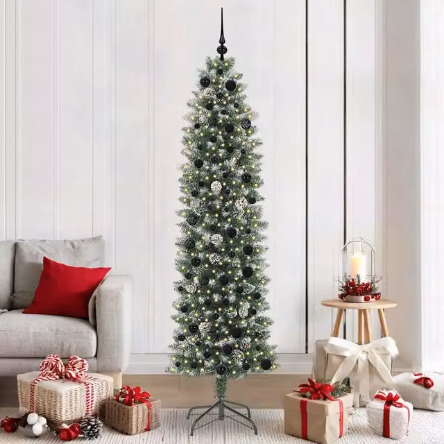 Albero di Natale Artificiale Sottile Moderno vidaXL Verde e Bianco con Luci LED Bianco Caldo