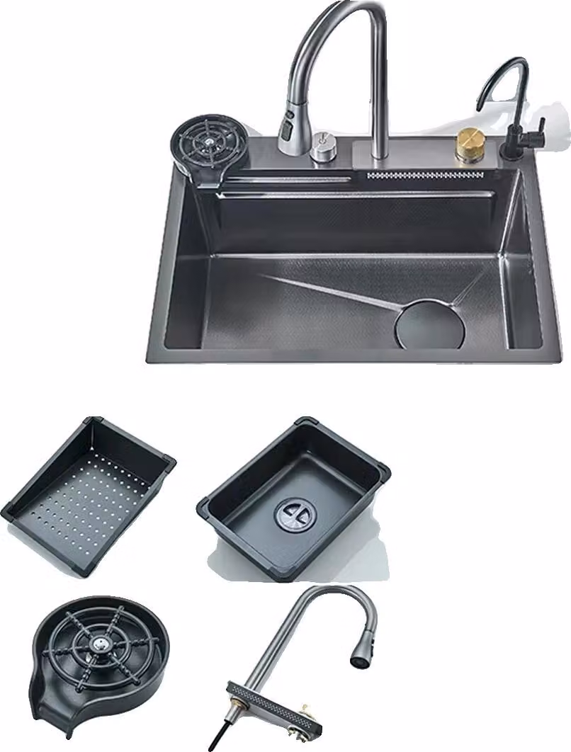 Rubinetto per lavello da cucina, design a doppia vasca, acciaio inossidabile resistente, grigio 60x45 cm-A2