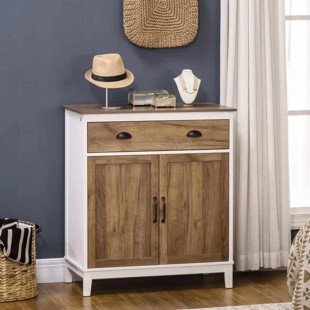 Mobile Multiuso EasyComfort in Stile Rustico con Armadietto e Cassetto, L 78.5 cm x P 39 cm x H 89.4 cm, Bianco e Marrone – 2
