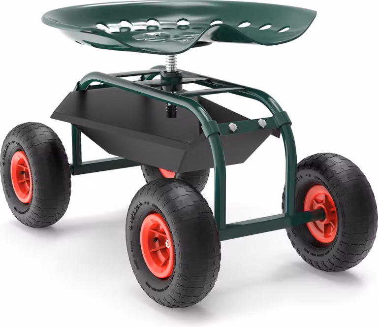 Carrello da giardino Wiltec con piano d'appoggio fino a 150 kg Sgabello da giardino con pneumatici Carrello da giardino per il giardinaggio Carrello da officina Carrello rotante Sedile da lavoro Sedile da giardino mobile