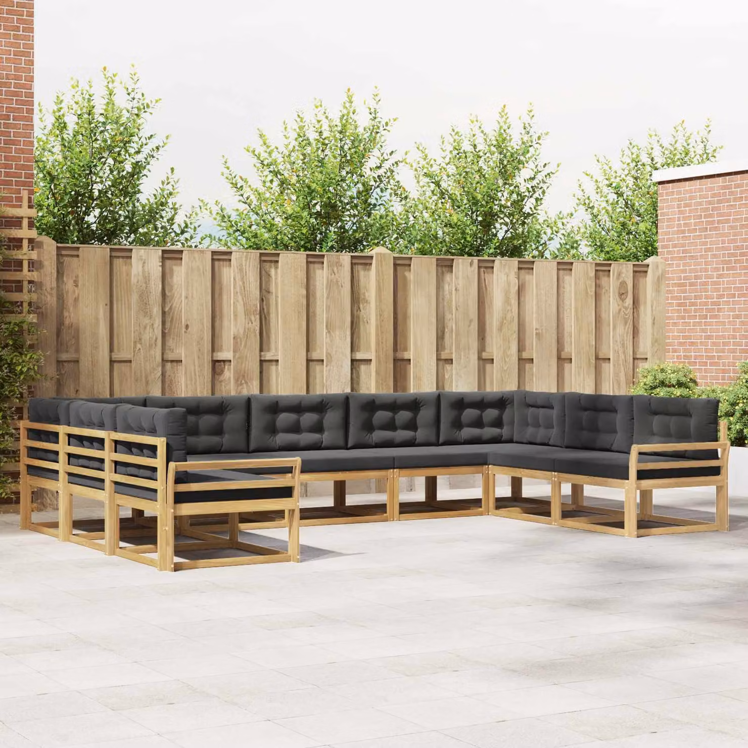 vidaXL Set di divani da esterno a L in legno di acacia con cuscini, 9 pezzi, Bianco e Antracite