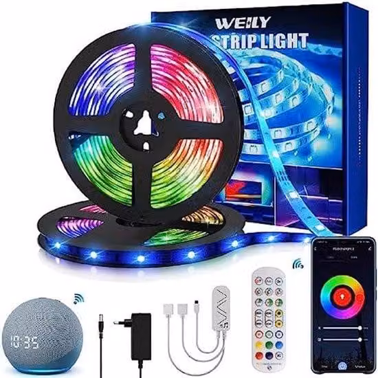 Striscia LED RGB intelligente, flessibile e a cambio di colore, controllabile tramite smartphone, classe di efficienza energetica A+++, lunghezza 15 metri, compatibile con Wi-Fi.