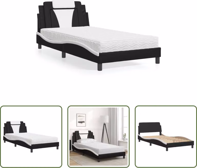 The Living Store Letto con materasso bianco e nero 100x200 cm in ecopelle