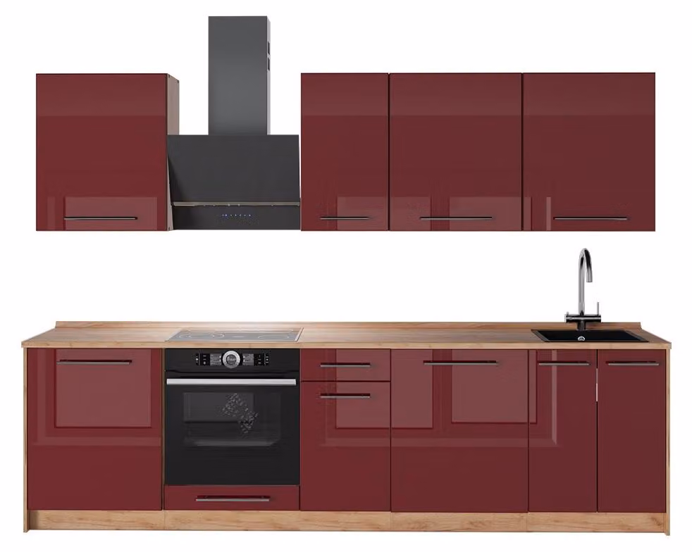 Cucina componibile Vicco Fame-Line Bordeaux lucido/Rovere dorato 280 cm senza piano di lavoro, Model 64207