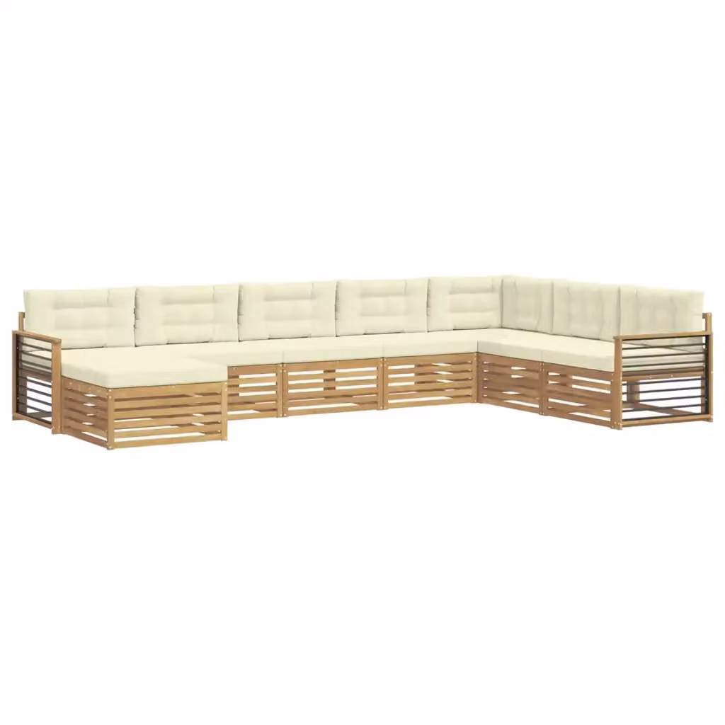 Set di divani da esterno a L vidaXL in legno di acacia con pouf e cuscini, Bianco e Beige – 2