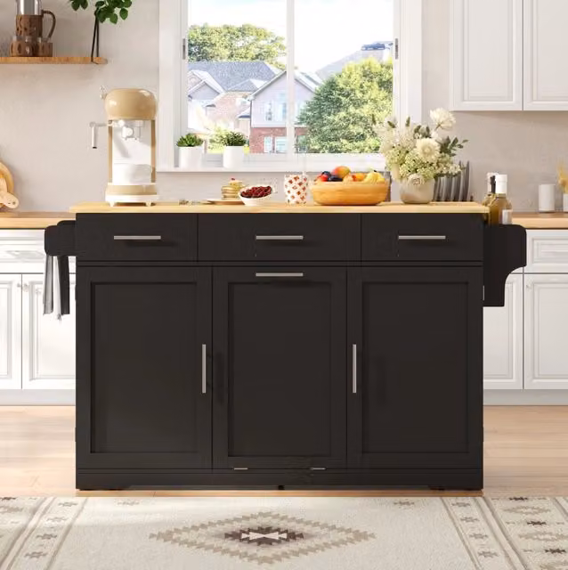 Isola da cucina mobile in MDF con 3 cassetti; 2 vani a sportello e prese integrate; nero/naturale