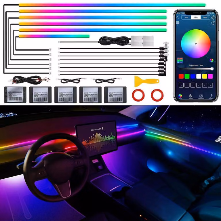 Illuminazione interna per auto a LED con controllo tramite app, tecnologia RGB Dreamcolor, 18 modalità, 593 LED, 440 cm di fibra ottica, sincronizzazione con la musica
