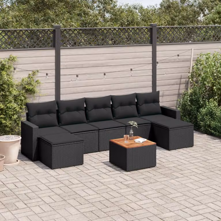 vidaXL Set Divani da Giardino in Polyrattan Nero con 8 Cuscini e Tavolino da Caffè