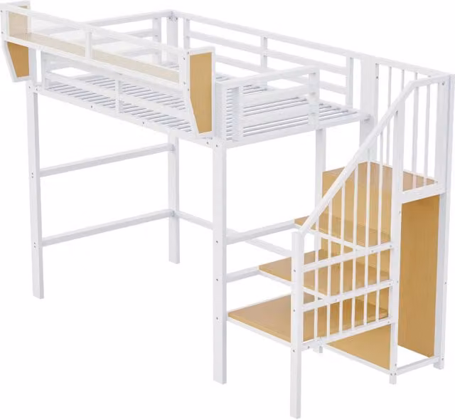 Letto a soppalco singolo Chicfurn bianco con scala e ripiani laterali, L/P/H: 90 x 200 x 191 cm