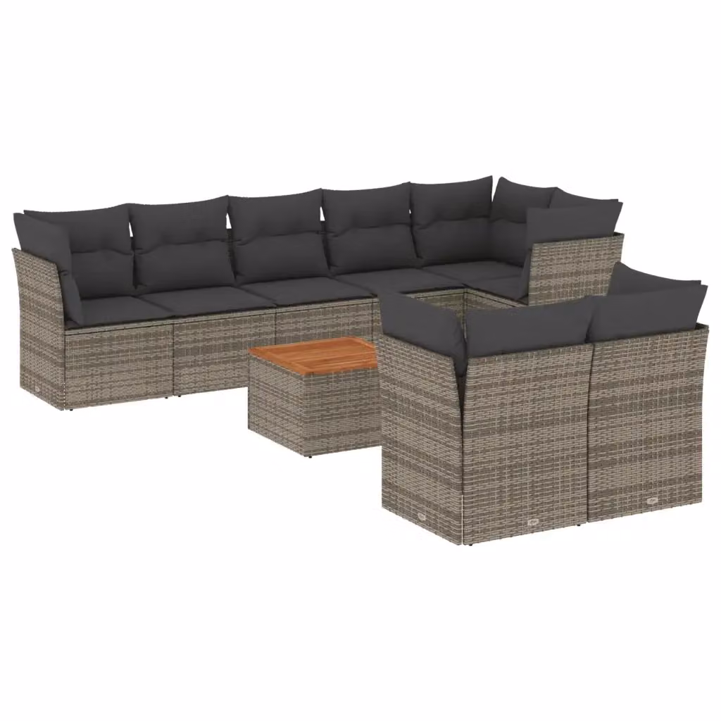 vidaXL Set Divano da Giardino 9 pz a L in Polyrattan con Cuscini e Tavolino da Caffè, Grigio e Marrone – 2