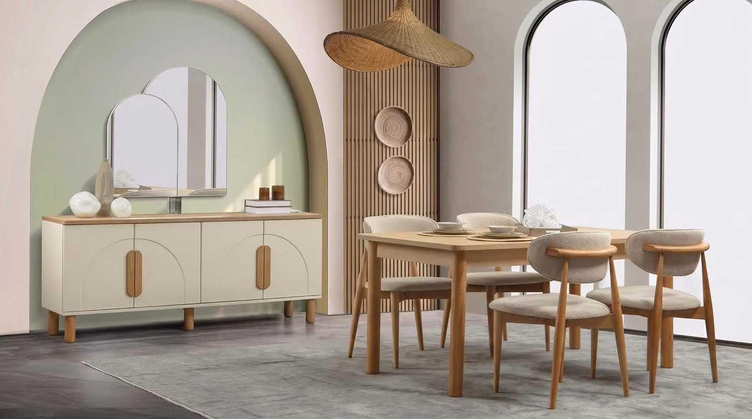 Set per sala da pranzo: tavolo, sedie (4), comò, specchio. Colore: beige. Materiale: legno. Stile: moderno
