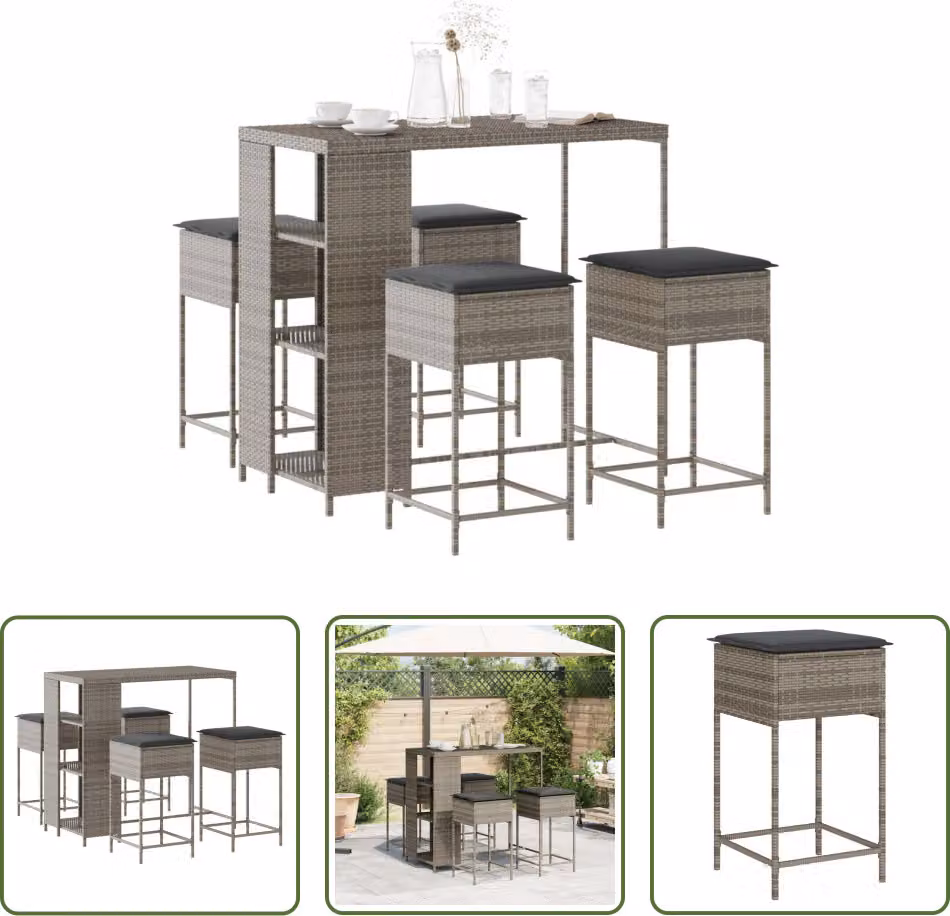 The Living Store Set bar da giardino 5 pezzi con cuscini in poly rattan grigio