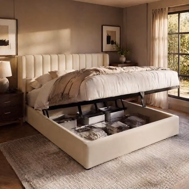Letto contenitore 140x200 cm beige in lino, rete a doghe sollevabile, senza materasso