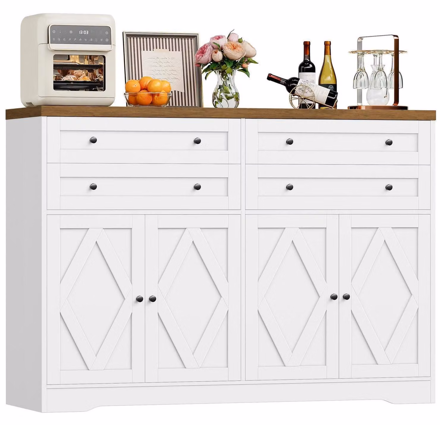 Mobile contenitore da 132,7 cm, bianco e marrone, con 4 ante e 4 cassetti