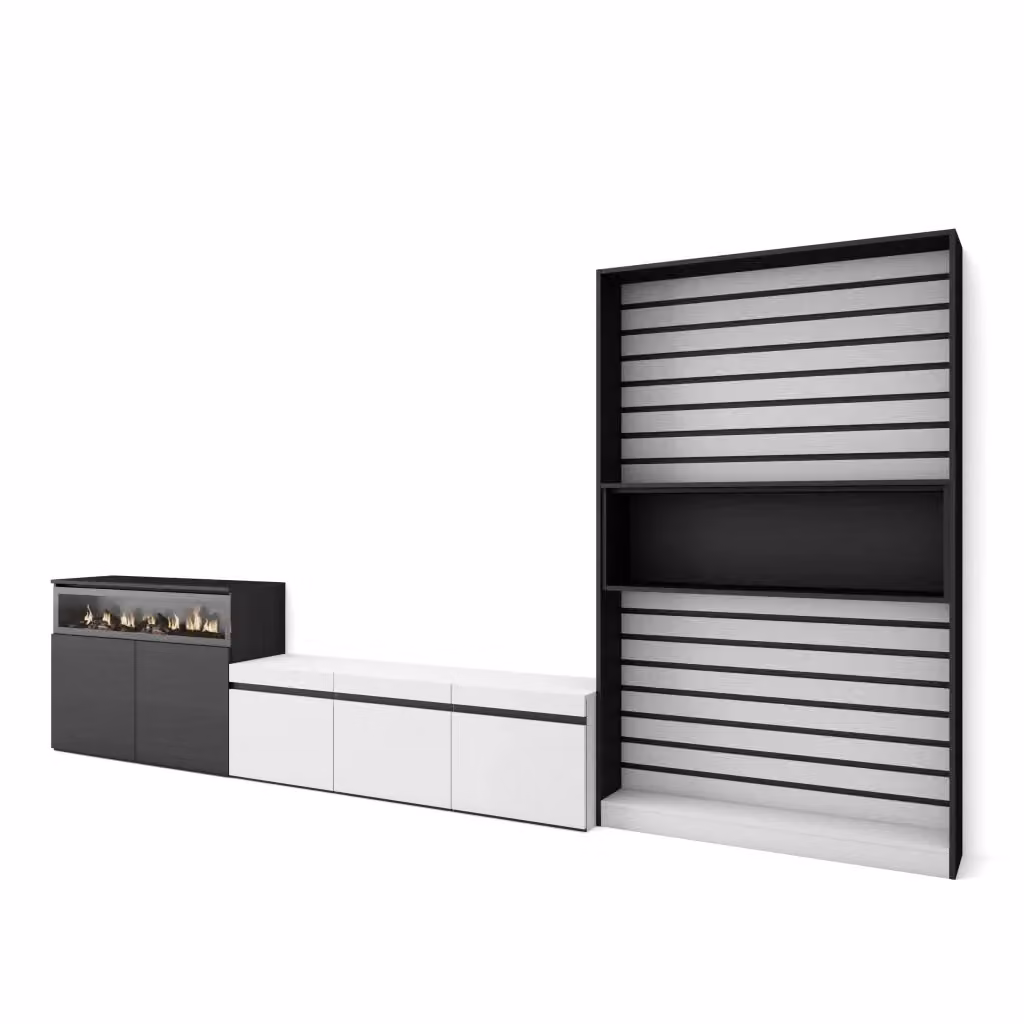 Mobile TV per soggiorno Skraut Home con camino elettrico e illuminazione integrata, Bianco e nero, L: 360 cm, P: 35 cm, H: 186 cm – 2