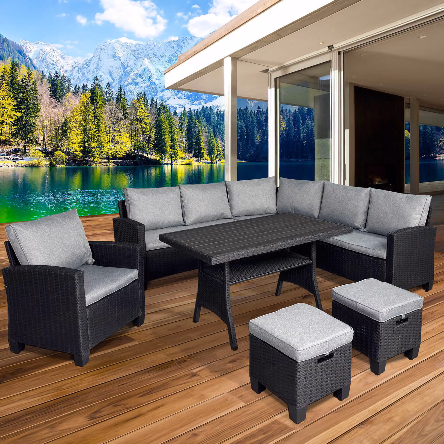 Set da giardino angolare in polyrattan HACIENDA nero/grigio