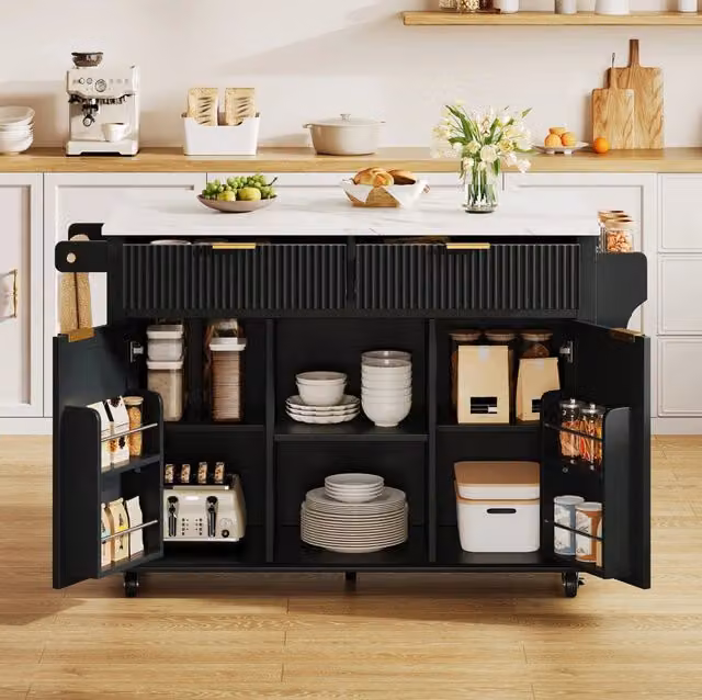 Isola cucina su ruote 120 x 45 cm con piano di lavoro ribaltabile e ampio spazio contenitivo nero