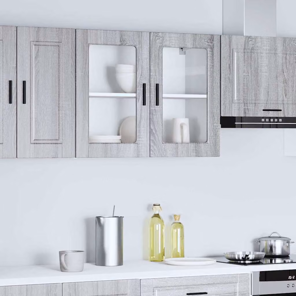 Pensile da cucina moderno vidaXL con ante in vetro, colore grigio, L: 80 cm, H: 60 cm, P: 31 cm