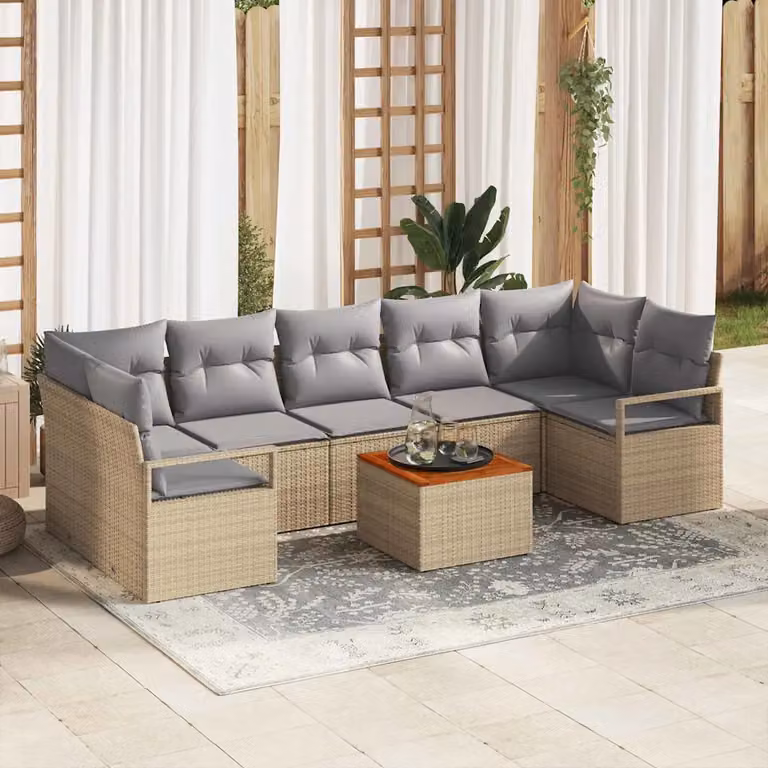 Set Divano da Giardino 8 Pezzi vidaXL in Polyrattan Beige con Cuscini e Tavolino per Terrazza e Balcone