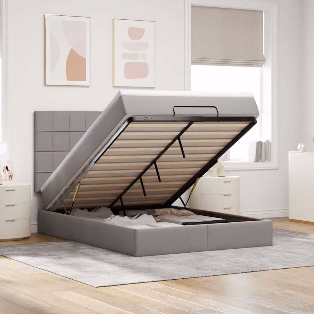 vidaXL Struttura Letto con Materasso e Contenitore a Sollevamento, Tessuto Tortora, L/P/H: 200 x 140 x 128 cm