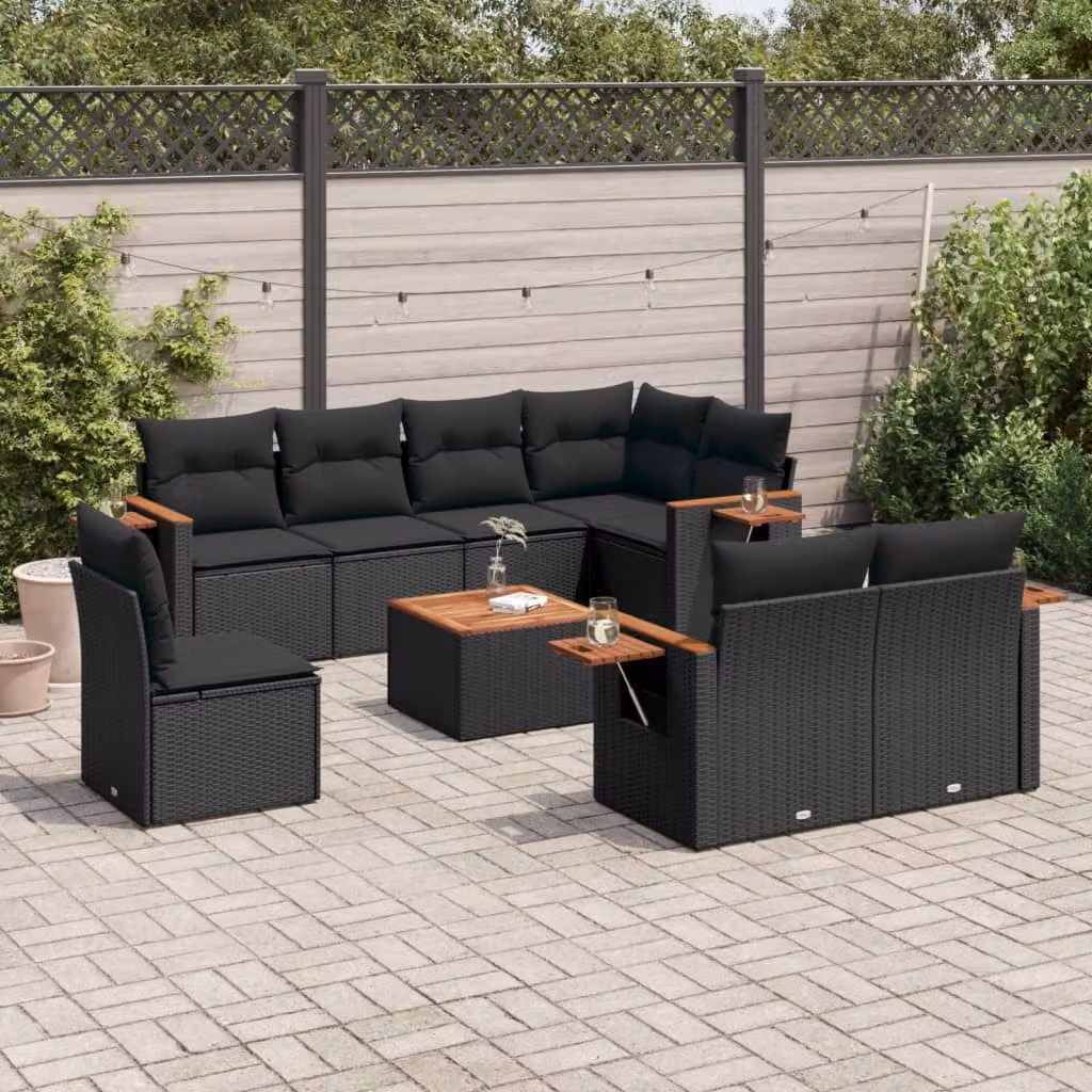 Set di divani da giardino vidaXL in polyrattan nero con cuscini e tavolino da esterno – 1