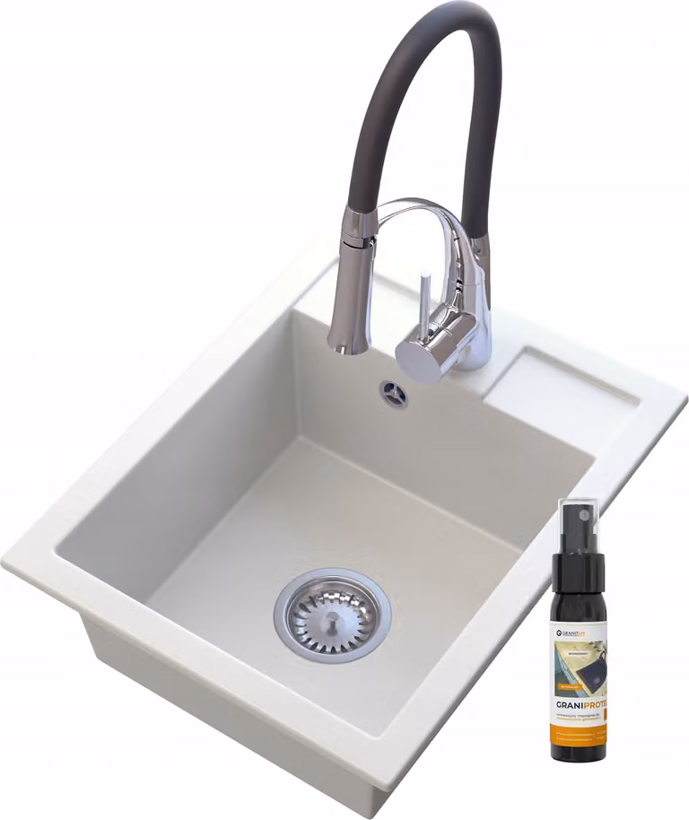 Granitan - Lavello in granito - Lavello da cucina - Lavello 50x40 cm - Bianco - con rubinetteria e sifone - Lavello - BEST