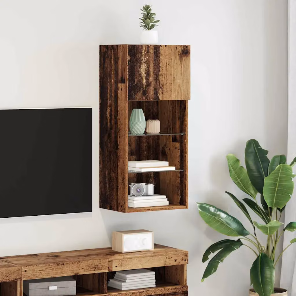 Mobile TV da parete vidaXL in legno vecchio marrone con illuminazione integrata L 40,5 cm x P 30 cm x H 90 cm