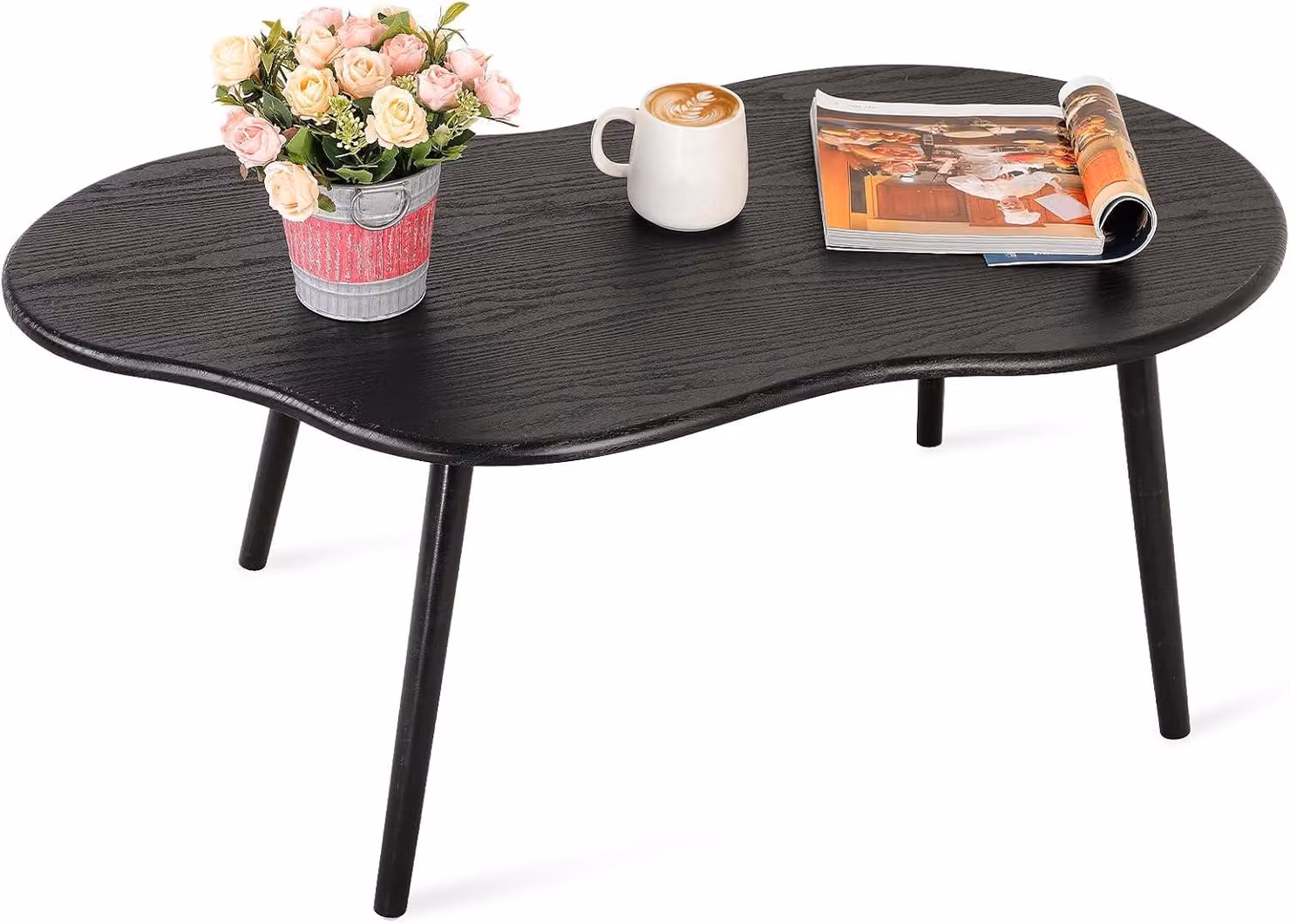 Tavolino da caffè nero, tavolino moderno per il soggiorno, design unico con dimensioni irregolari e gambe in legno, ideale per piccoli spazi