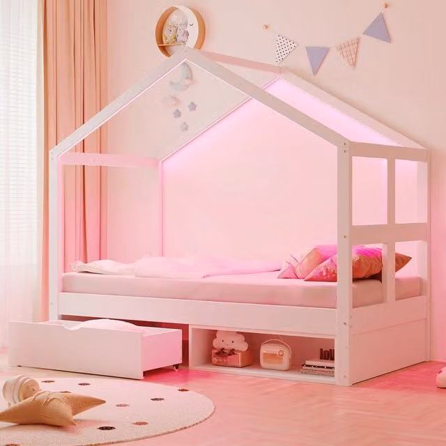 Letto singolo con LED - Zephmum- 90¡Á190 cm- Bianco- Cassetti e armadietto per scarpe