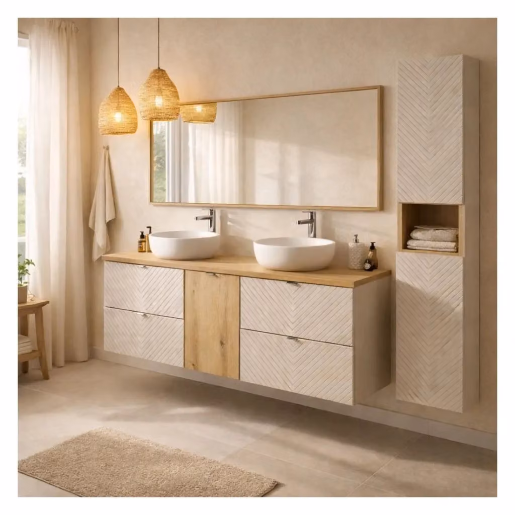 Set bagno Meublorama AOKI beige con mobile sottolavabo, cesto per la biancheria, piano in quercia e colonna L/P/H: 140 x 64 x 190 cm – 2