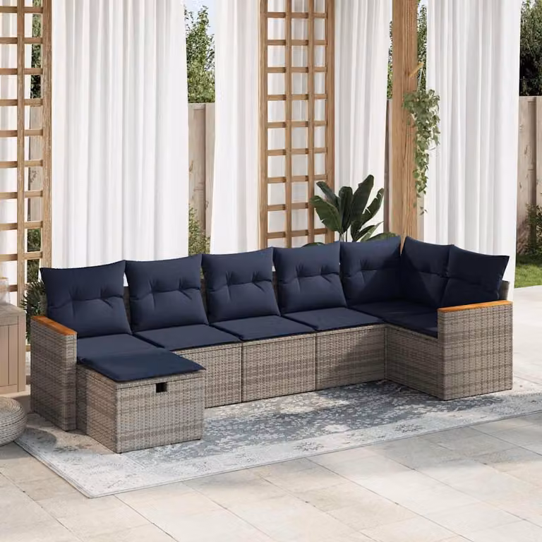 Set di divani da giardino vidaXL a forma di L composto da 7 pezzi con cuscini in polyrattan grigio e blu