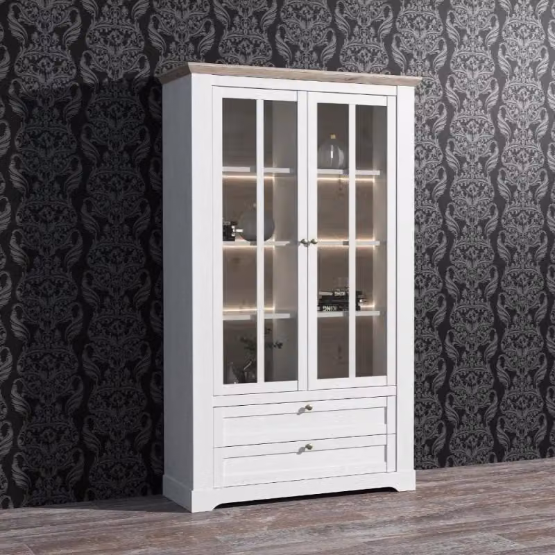 Vetrina Forma EFFEZETA ITALIA con 2 ante in vetro, 2 cassetti e luce integrata, colore rovere neve e piano olmo scuro, H: 209,8 cm, L: 106,5 cm, P: 44,3 cm – 2