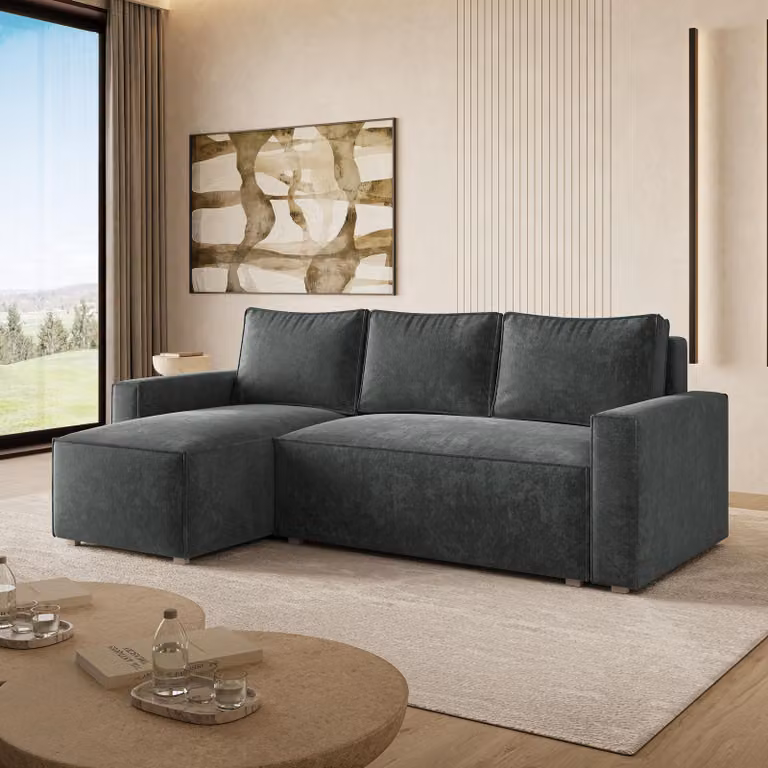 Divano ad angolo Masseno POTARO LM con funzione letto a L, divano con contenitore, divano da salotto, divano, divano letto, set divani - Grigio, LUMO 75