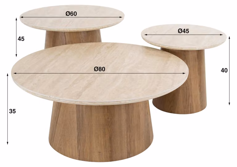 Tavolino FURNLUX Romano Beige e Rovere 80 cm (3 pezzi) / Colore principale: beige / Dimensioni: 80 x 35 x 80 cm