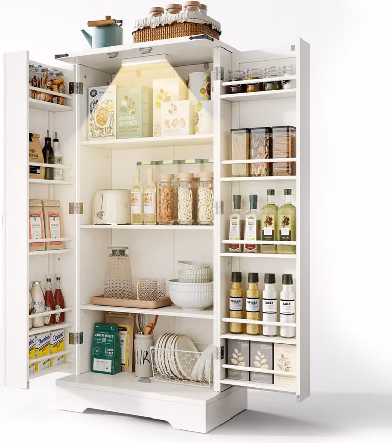 Mobile buffet bianco 128,5 cm, mobile alto in stile rustico con illuminazione LED automatica, ripiani delle ante e protezione antiribaltamento