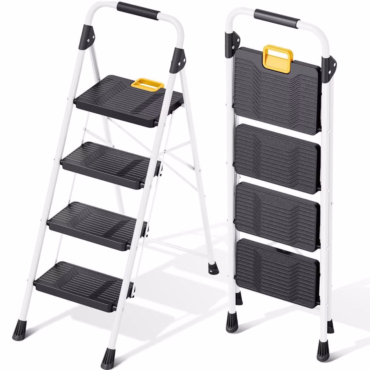 Scala a 4 gradini pieghevole, con sistema di sicurezza, colore bianco, capacità portante 150 kg