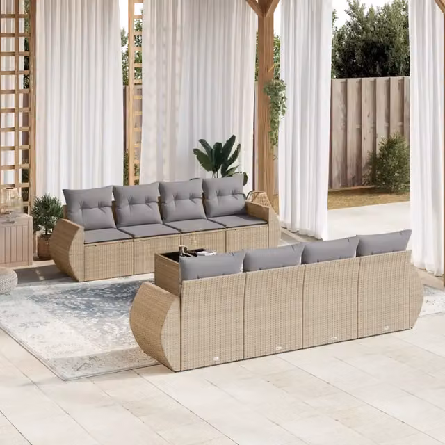 vidaXL Set Divano da Giardino 9 pz in Polyrattan con Cuscini Beige e Tavolino da Esterno – 1
