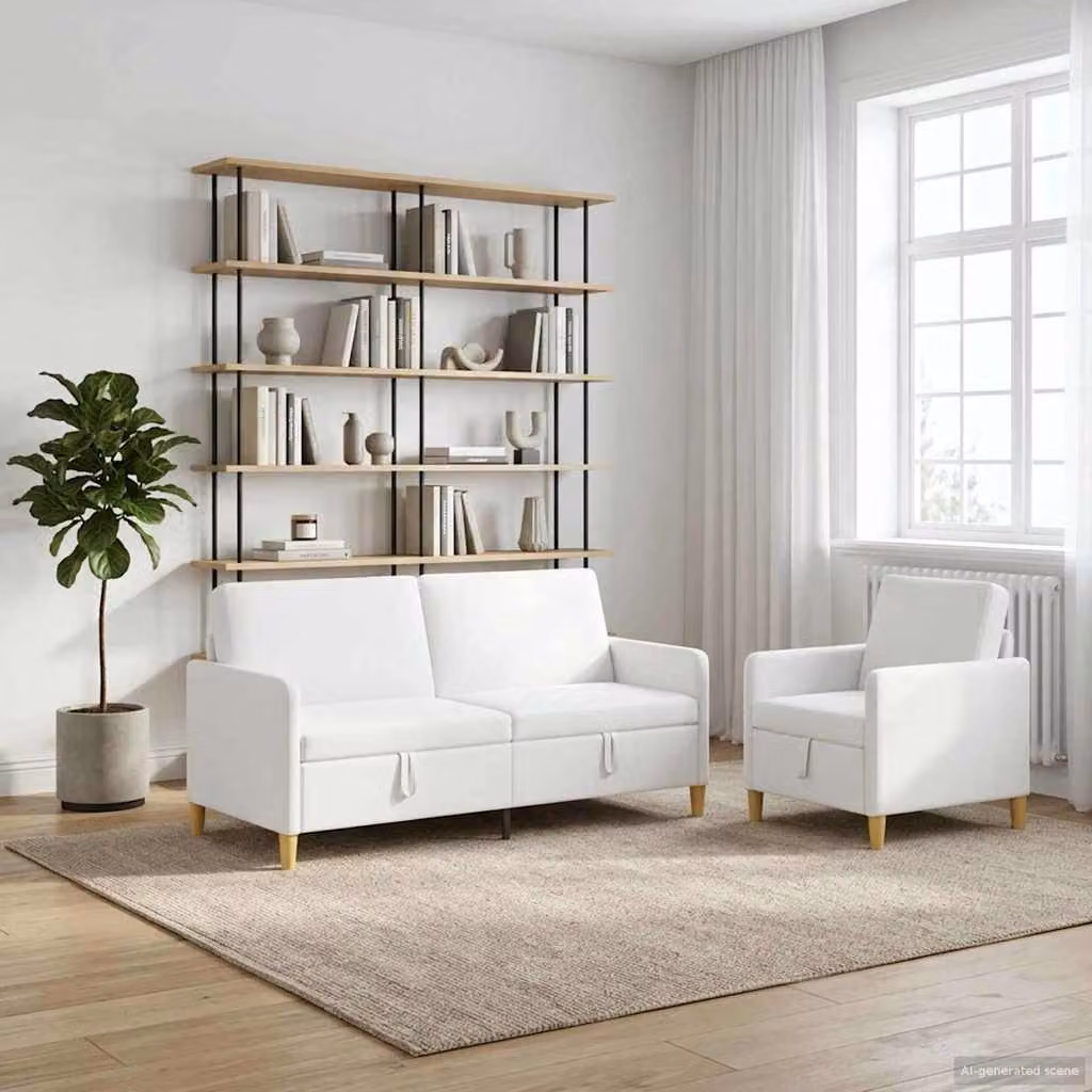 Set di divani moderno vidaXL composto da divano a 3 posti, divano a 2 posti e poltrona in tessuto bianco e marrone con seduta sollevabile e coperture rimovibili