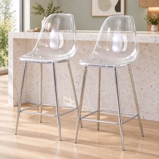 Set di 2 sgabelli da bar trasparenti con struttura metallica in finiture argento, oro o nero, design moderno per cucina e sala da pranzo