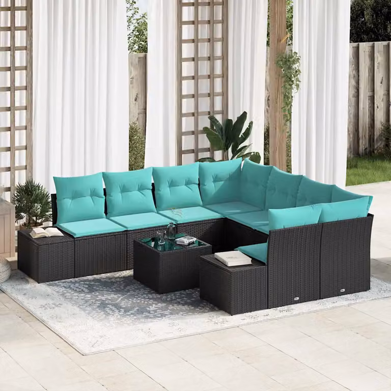 Set Divano da Giardino Moderno vidaXL in Polyrattan 9 Pezzi, Nero e Turchese
