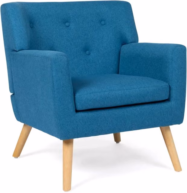 IDMarket Poltrona scandinava LIV in tessuto blu con struttura in legno e braccioli – 1