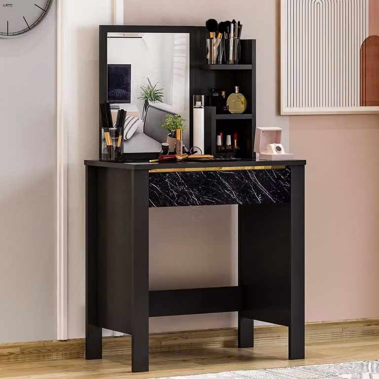Homidea GUPSE: Tavolino da trucco con specchio e cassetto, dimensioni 72 x 40 x 124 cm, colore nero, finitura effetto marmo