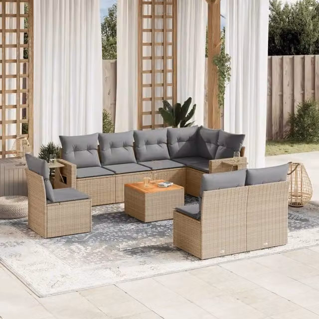 Set Divano da Giardino 9 pz con Cuscini Beige Misto Polyrattan 3256934