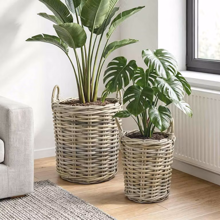 Set di 2 cesti per piante vidaXL GENDT in rattan color grigio naturale con manici