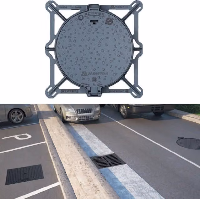 Chiusino a botola tonda con telaio quadrato in ghisa grigia Picenumplast Srl per telefonia da esterno D400, Diametro: 85 cm