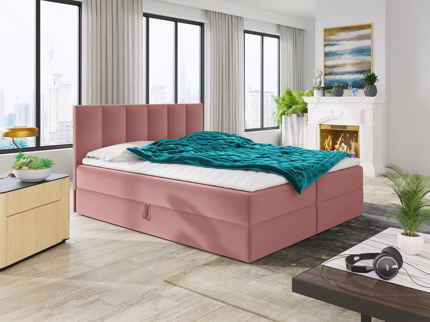 Letto boxspring Star con topper, materasso Bonell e 2 contenitori, letto matrimoniale, letto imbottito, letto (rosa (Kronos 29), 140 x 200 cm)