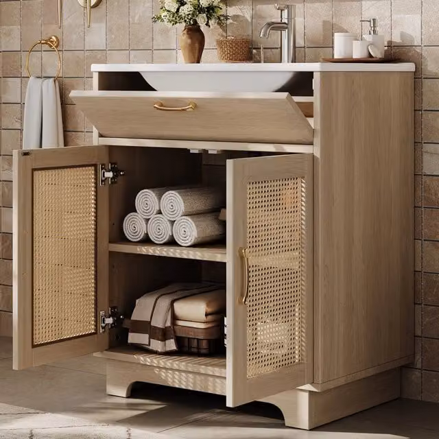 Mobile bagno con 1 cassetto e 2 ante, ripiani regolabili e lavabo in ceramica per bagno, in MDF, naturale, 76×46×88 cm